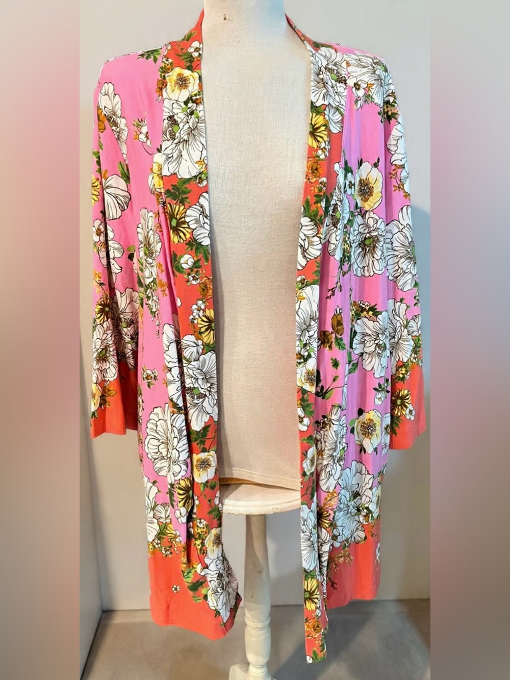 Isaac Mizrahi Pink & Coral Floral Open-Front Duster